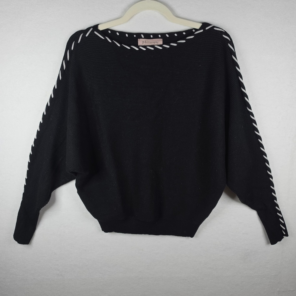 Philosophy Whipstitch Boat Neck Dolman Sleeve Sweater L Black White Trim